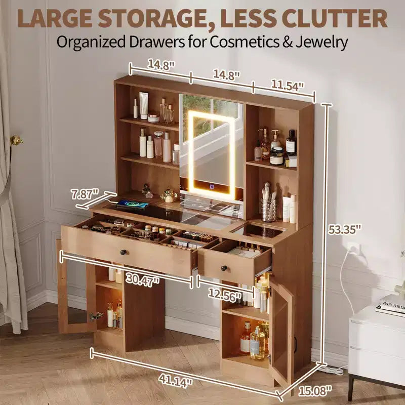 Grande toeletta con specchio scorrevole e luci a tre colori, dotata di cassetti, ripiani, armadietti e porte, realizzata in MDF, facile da montare