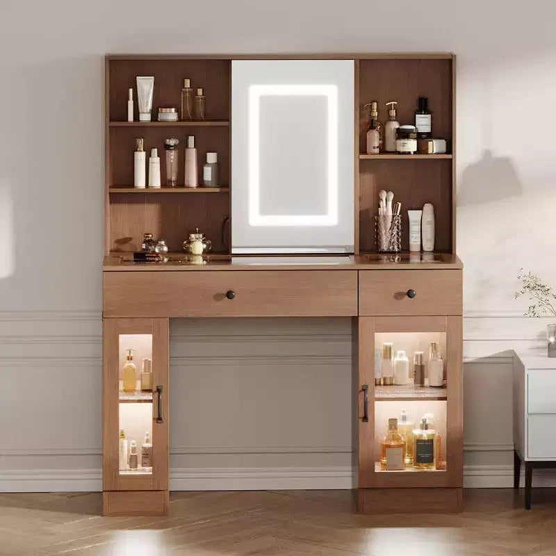 Grande toeletta con specchio scorrevole e luci a tre colori, dotata di cassetti, ripiani, armadietti e porte, realizzata in MDF, facile da montare