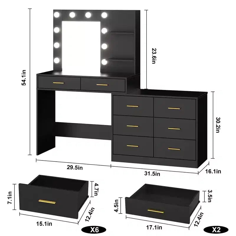 Toeletta da 61 pollici con specchio e luce, dotata di 8 cassetti portaoggetti e 2 ripiani, 3 modalità di illuminazione e luminosità regolabile. Toeletta per camera da letto.