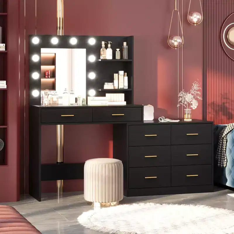 Toeletta da 61 pollici con specchio e luce, dotata di 8 cassetti portaoggetti e 2 ripiani, 3 modalità di illuminazione e luminosità regolabile. Toeletta per camera da letto.
