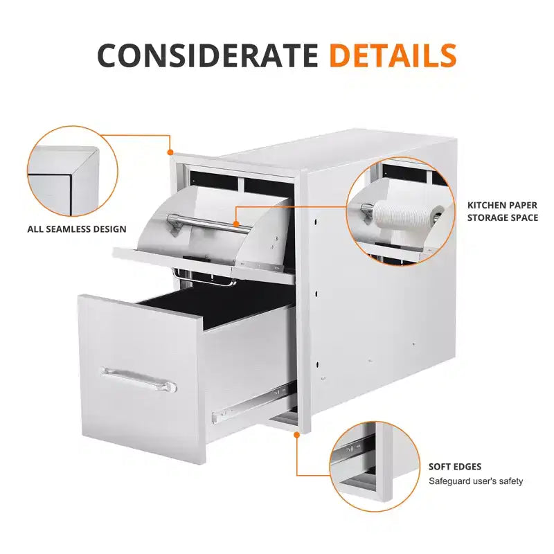 Cassetti da Esterno per Cucina a 3 Livelli con Portasciugamani di Carta - Cassetto di Accesso per Cucina a Filo in Acciaio Inox con Maniglia Scanalata