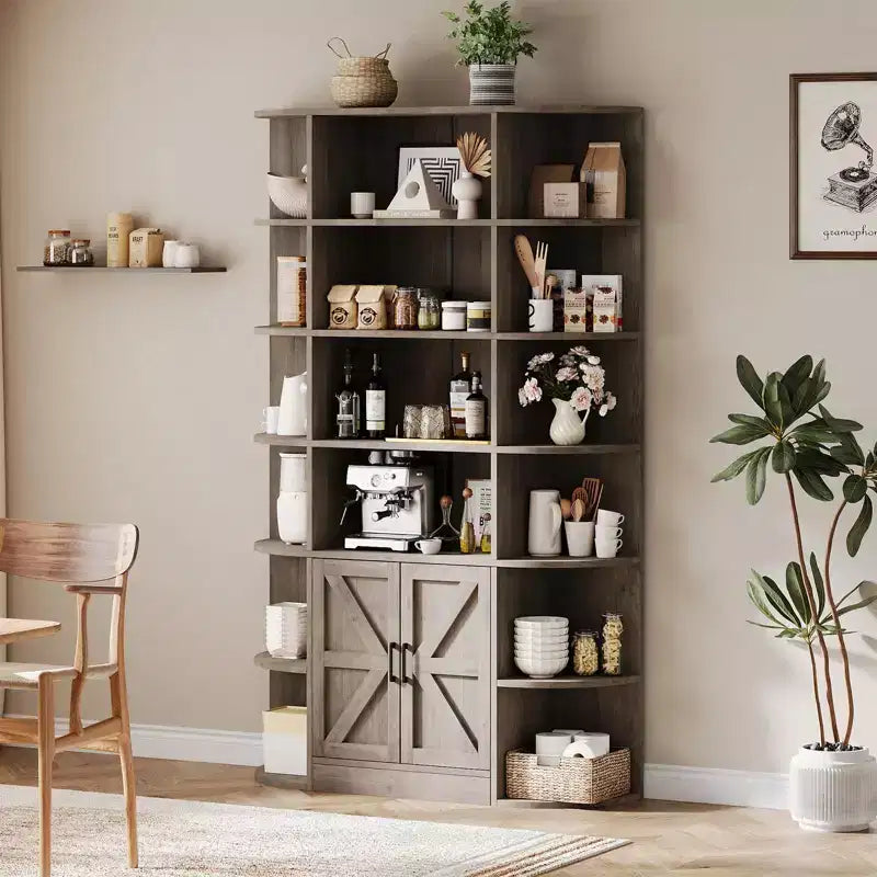 Libreria a 6 Ripiani con Armadietto e Scaffali Aperti, Scaffale Moderno Stile Fattoria Alto 190cm, Organizer a 3 Sezioni Largo 120cm