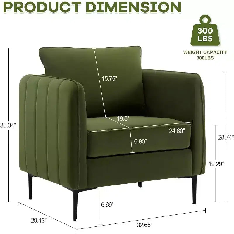 Homy Casa Poltrona moderna in velluto con cuscino e gambe in metallo, poltrona imbottita confortevole per soggiorno, camera da letto o angolo lettura, verde
