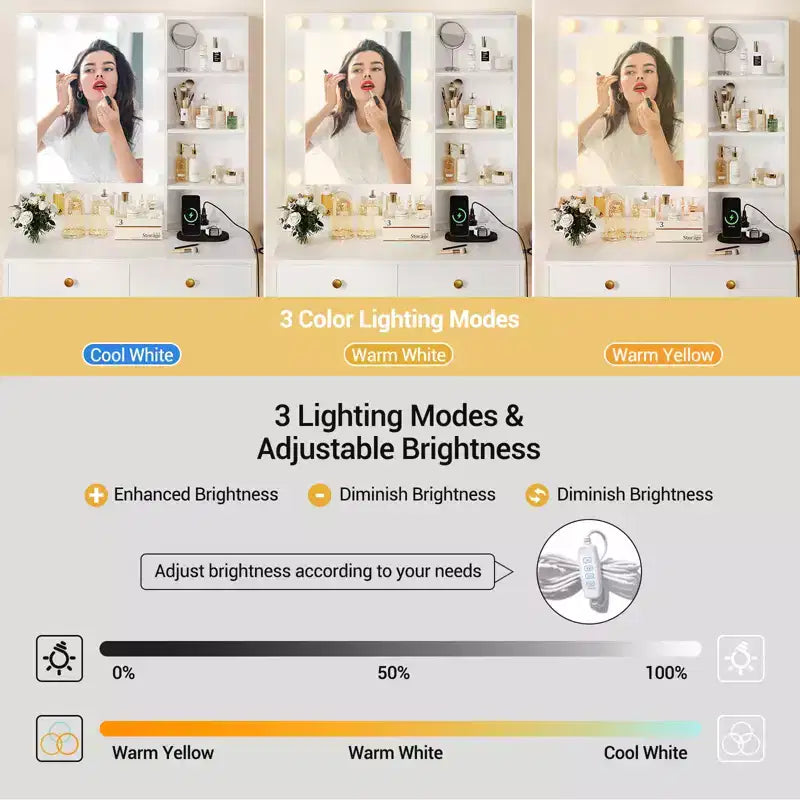 1 set di toeletta con intarsi in ferro, 2 cassetti + lampadina regolabile a 3 colori di luminosità, porta asciugacapelli, adatta per camere da letto e soggiorni