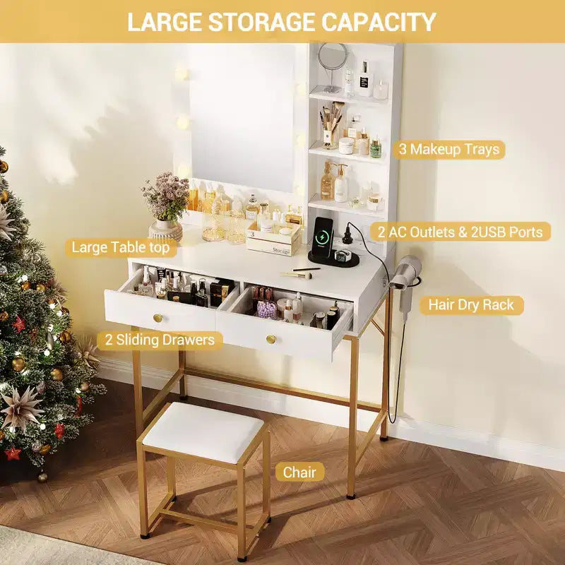 1 set di toeletta con intarsi in ferro, 2 cassetti + lampadina regolabile a 3 colori di luminosità, porta asciugacapelli, adatta per camere da letto e soggiorni