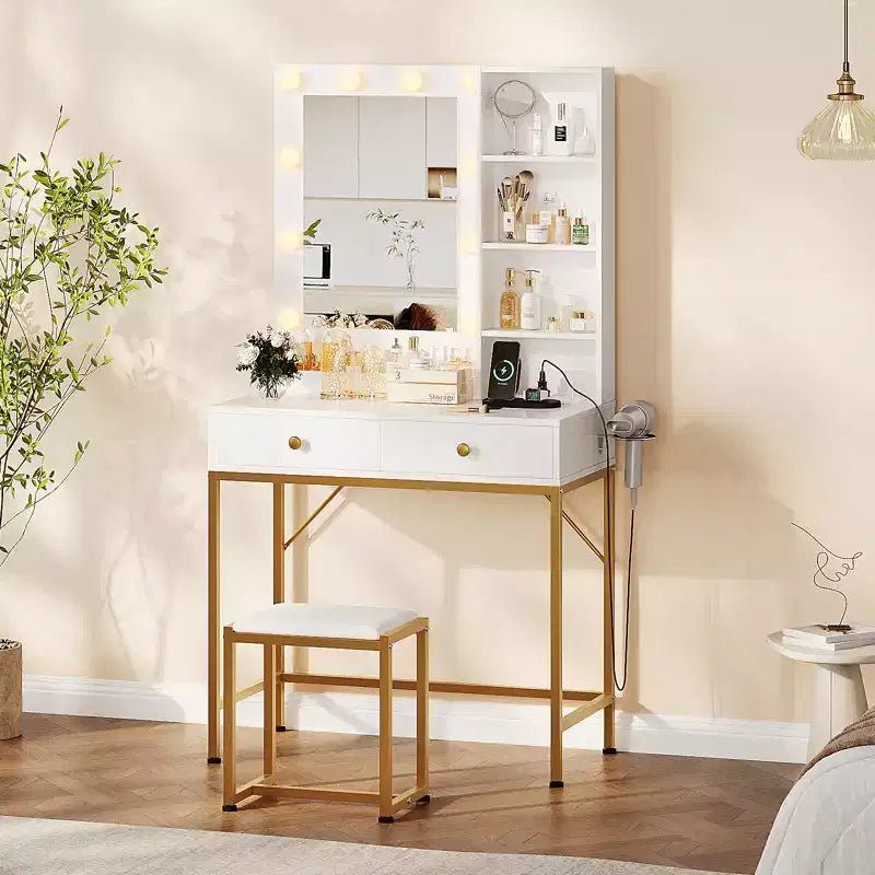 1 set di toeletta con intarsi in ferro, 2 cassetti + lampadina regolabile a 3 colori di luminosità, porta asciugacapelli, adatta per camere da letto e soggiorni