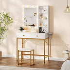 1 set di toeletta con intarsi in ferro, 2 cassetti + lampadina regolabile a 3 colori di luminosità, porta asciugacapelli, adatta per camere da letto e soggiorni