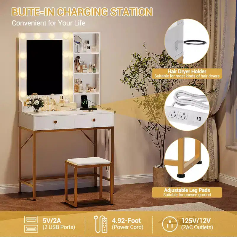 1 set di toeletta con intarsi in ferro, 2 cassetti + lampadina regolabile a 3 colori di luminosità, porta asciugacapelli, adatta per camere da letto e soggiorni