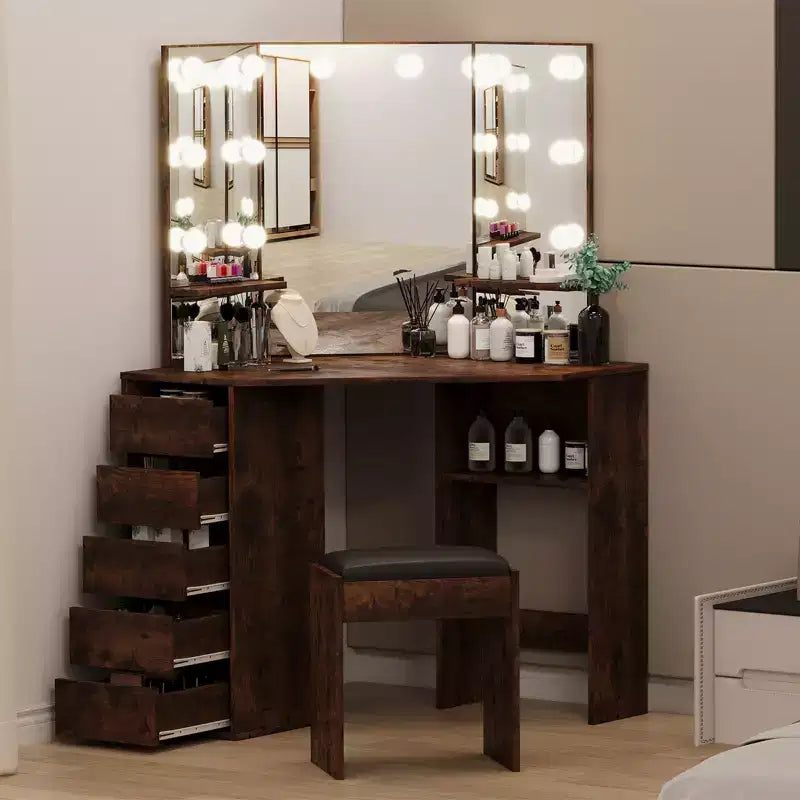 Toeletta angolare con specchio e illuminazione, dotata di 3 colori di luce regolabili, 5 cassetti e ripiani portaoggetti, completa di tavolo da trucco illuminato a LED.