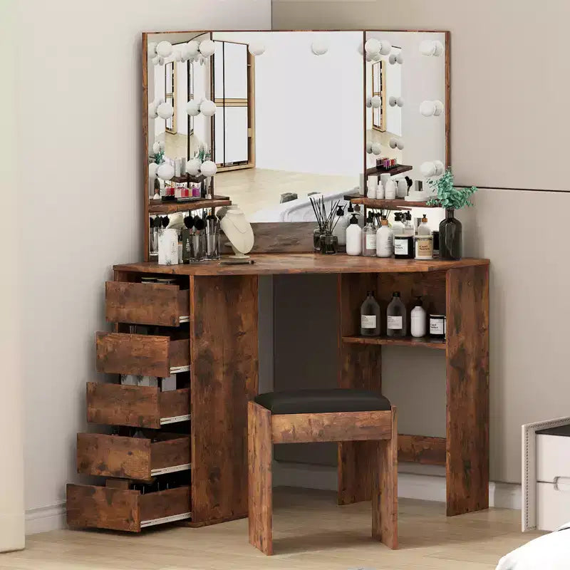 Toeletta angolare con specchio e illuminazione, dotata di 3 colori di luce regolabili, 5 cassetti e ripiani portaoggetti, completa di tavolo da trucco illuminato a LED.