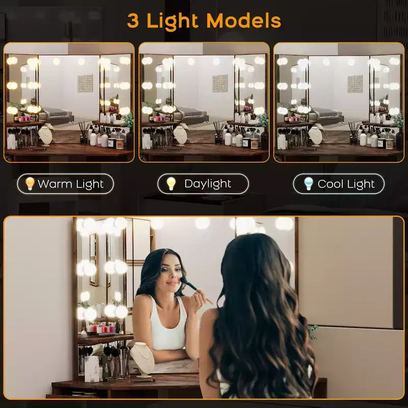 Toeletta angolare con specchio e illuminazione, dotata di 3 colori di luce regolabili, 5 cassetti e ripiani portaoggetti, completa di tavolo da trucco illuminato a LED.