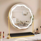 Specchio da trucco rotondo con scatola portaoggetti rimovibile, tre colori dimmerabili, ruotabile a 360°, adatto per scrivania e camera da letto, facile da montare, oro