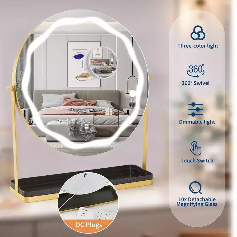 Specchio da trucco rotondo con scatola portaoggetti rimovibile, tre colori dimmerabili, ruotabile a 360°, adatto per scrivania e camera da letto, facile da montare, oro