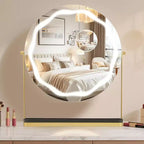 Specchio da trucco rotondo con scatola portaoggetti rimovibile, tre colori dimmerabili, ruotabile a 360°, adatto per scrivania e camera da letto, facile da montare, oro