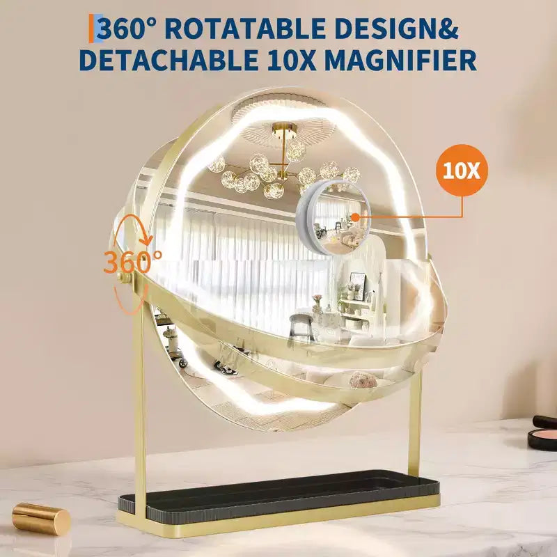 Specchio da trucco rotondo con scatola portaoggetti rimovibile, tre colori dimmerabili, ruotabile a 360°, adatto per scrivania e camera da letto, facile da montare, oro