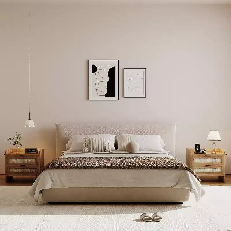 Set di 2 Comodini, Comodino, 2 Cassetti in Rattan per Spazio Contenitore, Comodino con Stazione di Ricarica Type-C, Tavolino, Tavolini Laterali