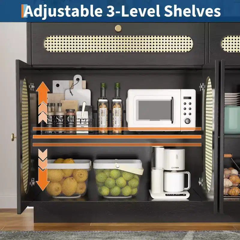 Mobile credenza in rattan da 60'' con 2 cassetti e 4 ante in rattan, ripiani regolabili e vano portaoggetti, per sala da pranzo, soggiorno, ingresso