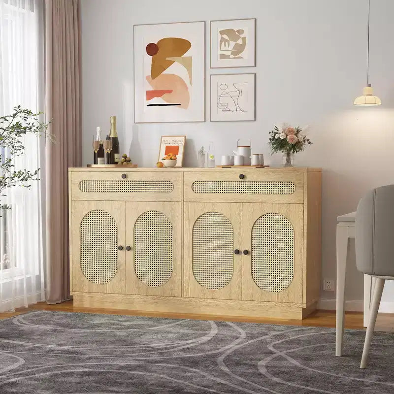 Mobile credenza in rattan da 60'' con 2 cassetti e 4 ante in rattan, ripiani regolabili e vano portaoggetti, per sala da pranzo, soggiorno, ingresso