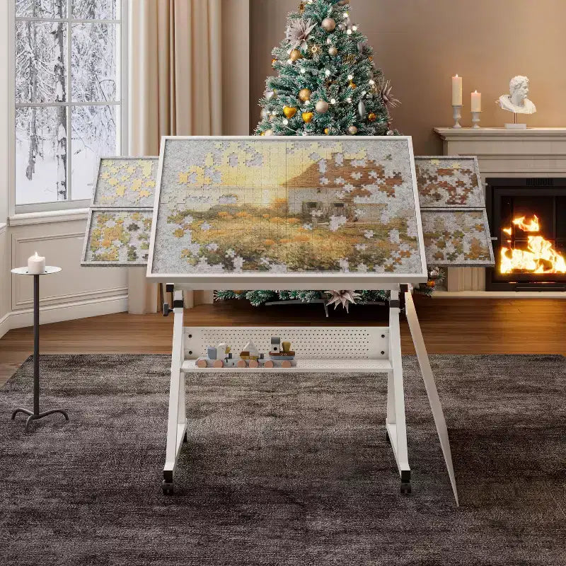 Tavolo da disegno per puzzle moderno e regolabile Okak con contenitore e ruote, tavolo da disegno con lavagna in metallo per adulti e ragazzi