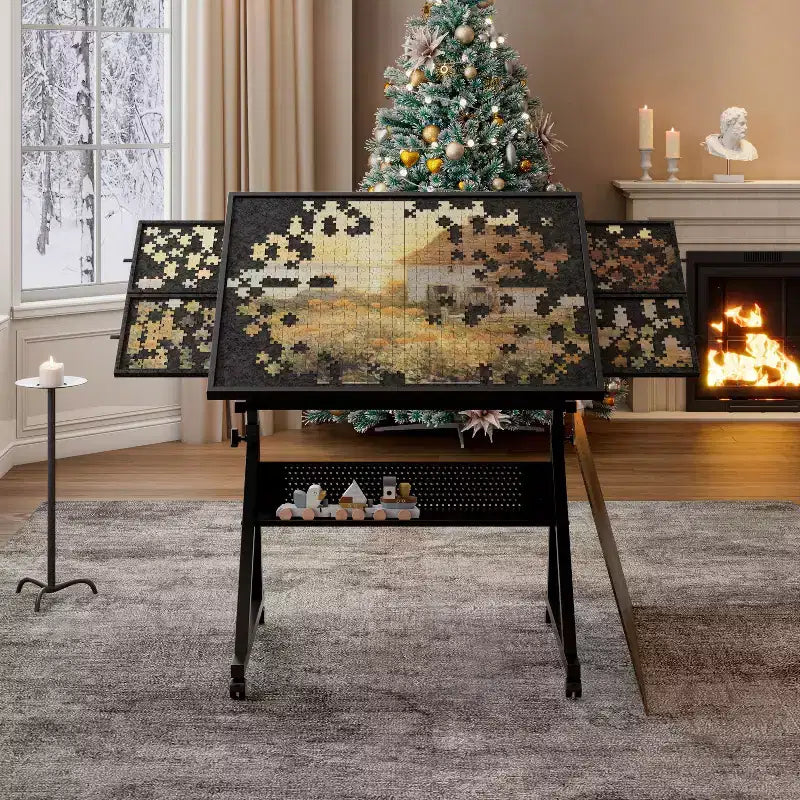 Tavolo da disegno per puzzle moderno e regolabile Okak con contenitore e ruote, tavolo da disegno con lavagna in metallo per adulti e ragazzi