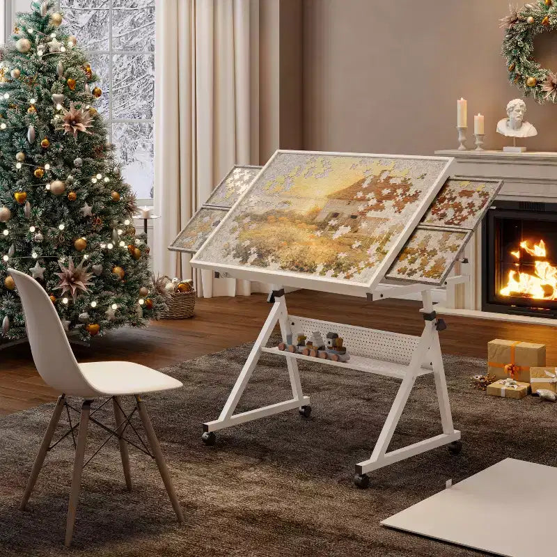 Tavolo da disegno per puzzle moderno e regolabile Okak con contenitore e ruote, tavolo da disegno con lavagna in metallo per adulti e ragazzi