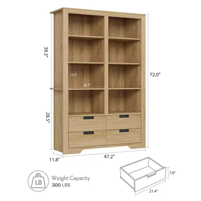Libreria da 72 pollici per fattoria con 4 cassetti, libreria a 6 ripiani a doppia larghezza, grande scaffale aperto indipendente per libri e decorazioni