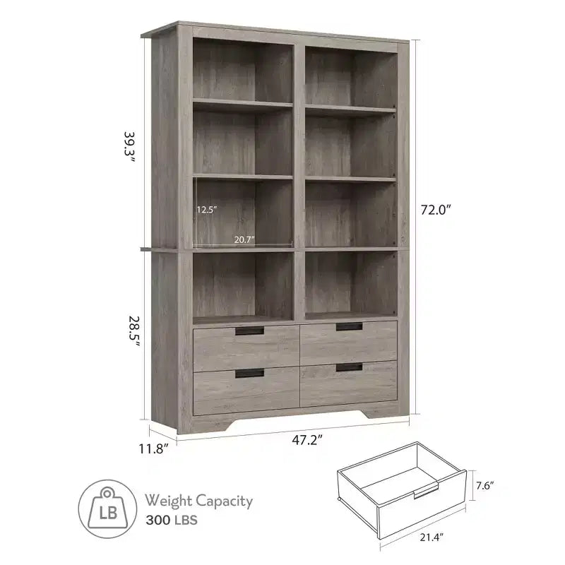 Libreria da 72 pollici per fattoria con 4 cassetti, libreria a 6 ripiani a doppia larghezza, grande scaffale aperto indipendente per libri e decorazioni