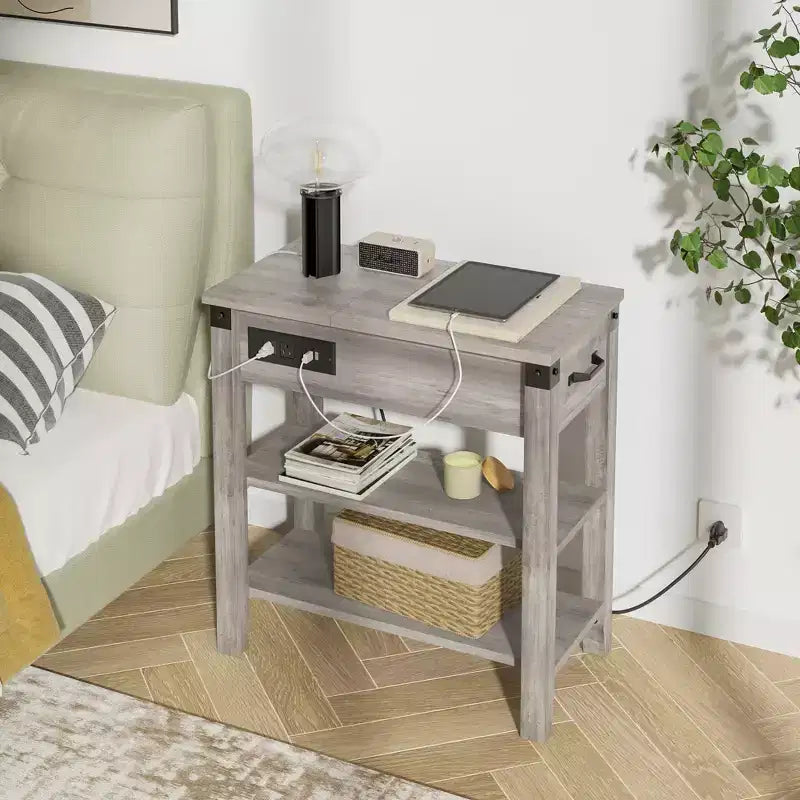 Tavolino a 3 RipianiTavolino laterale stretto in legno con cassetto, per soggiorno,