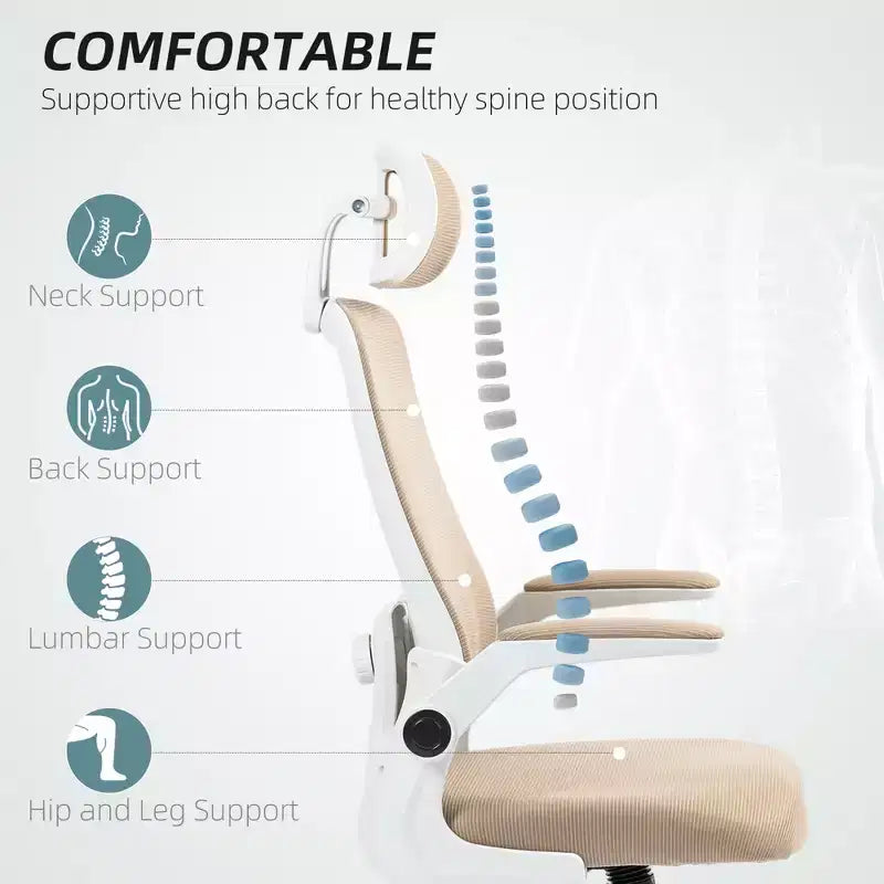 Sedia da Ufficio in Rete, Sedia da Scrivania Ergonomica con Braccioli Ribaltabili, Poggiatesta Girevole, Supporto Lombare Regolabile