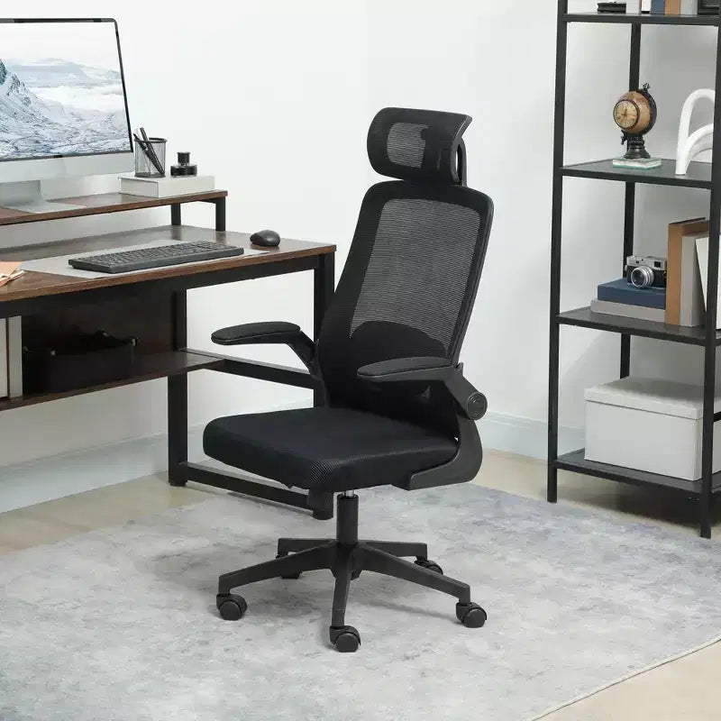 Sedia da Ufficio in Rete, Sedia da Scrivania Ergonomica con Braccioli Ribaltabili, Poggiatesta Girevole, Supporto Lombare Regolabile