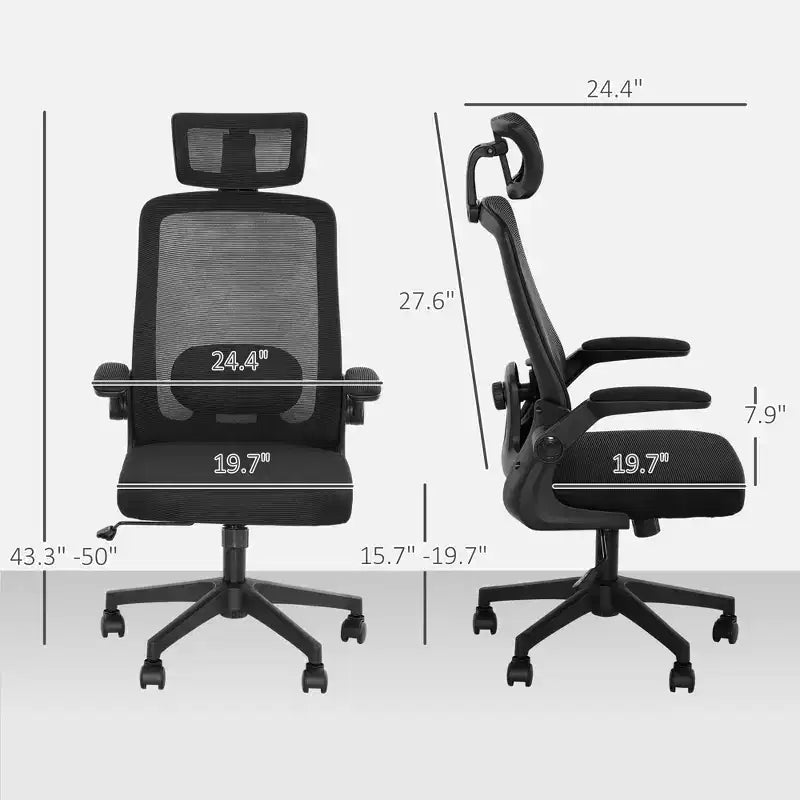 Sedia da Ufficio in Rete, Sedia da Scrivania Ergonomica con Braccioli Ribaltabili, Poggiatesta Girevole, Supporto Lombare Regolabile