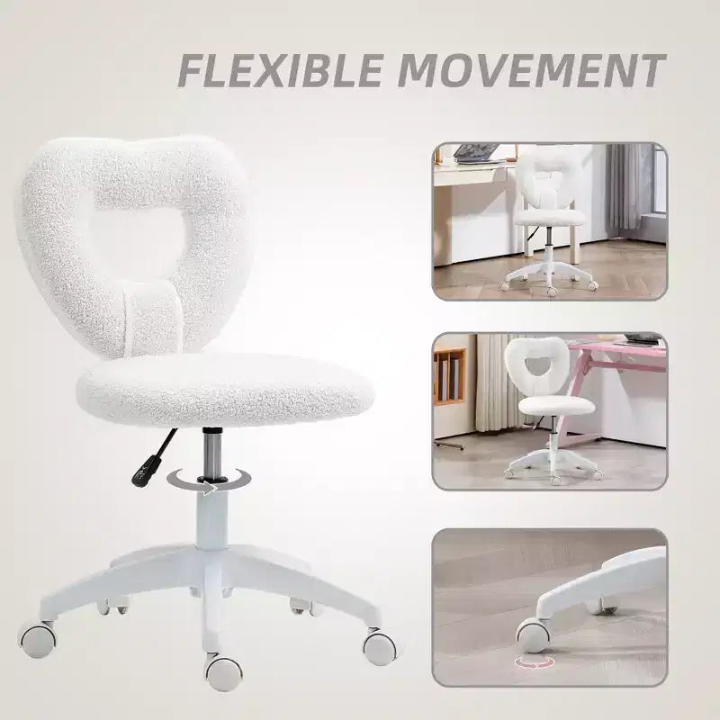 Sedia da Scrivania senza Braccioli, Sedia da Ufficio, Sedia Girevole per Vanity con Ruote e Rivestimento in Teddy Fleece a Cuore