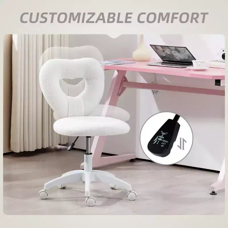 Sedia da Scrivania senza Braccioli, Sedia da Ufficio, Sedia Girevole per Vanity con Ruote e Rivestimento in Teddy Fleece a Cuore