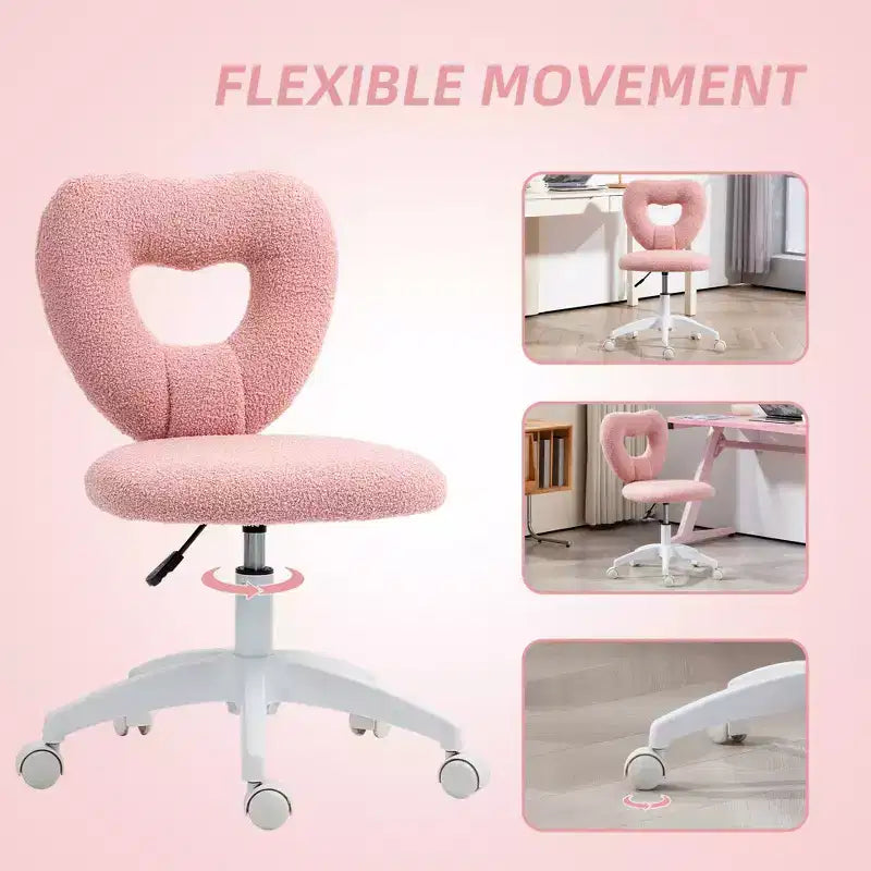 Sedia da Scrivania senza Braccioli, Sedia da Ufficio, Sedia Girevole per Vanity con Ruote e Rivestimento in Teddy Fleece a Cuore