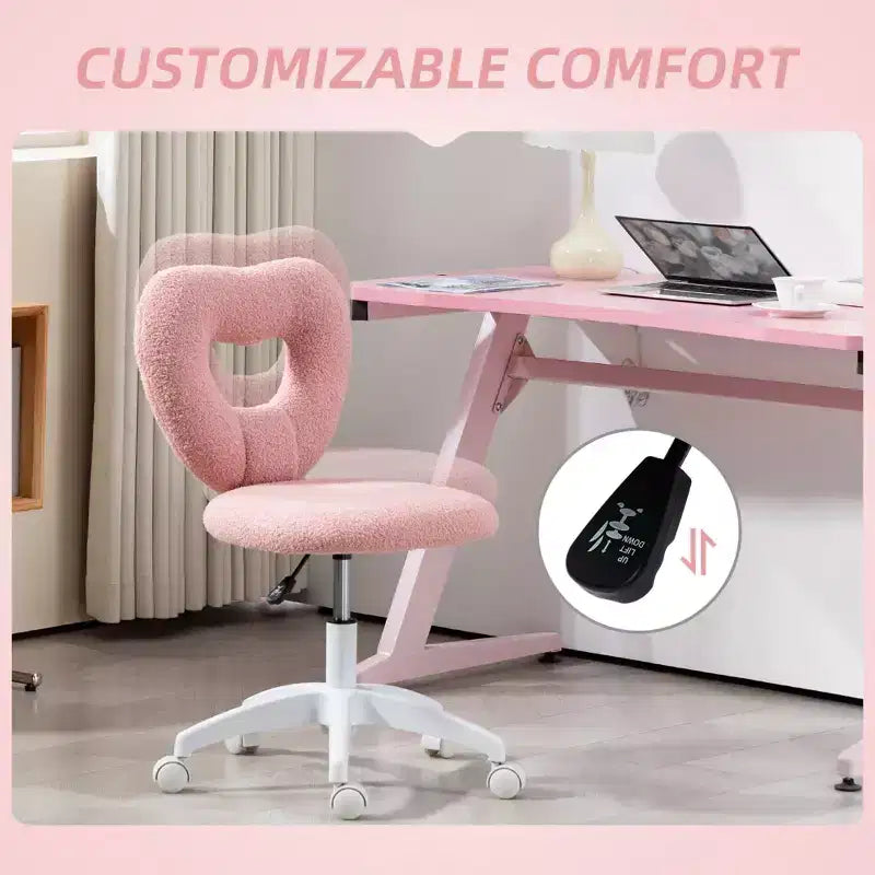 Sedia da Scrivania senza Braccioli, Sedia da Ufficio, Sedia Girevole per Vanity con Ruote e Rivestimento in Teddy Fleece a Cuore