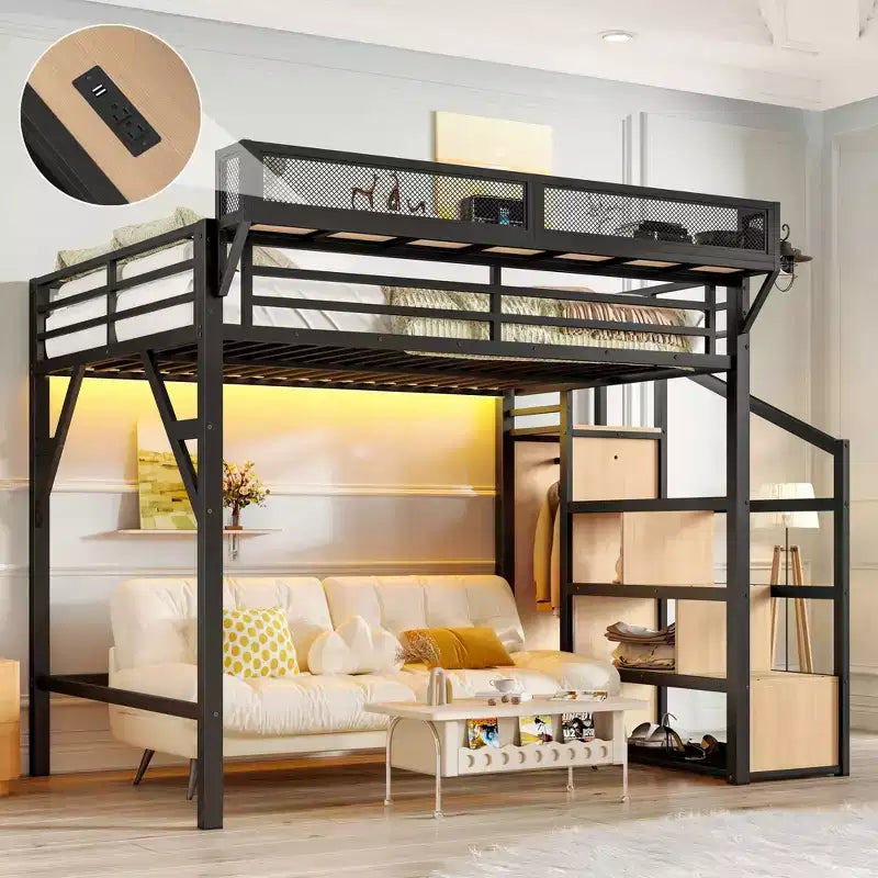 Bellemave Full Loft Bed with Storage Stairs, Built-in Wardrobe & Shelves, Metal Frame, USB Ports, LED Lights, Noise-Reducing Design, Natural Wood