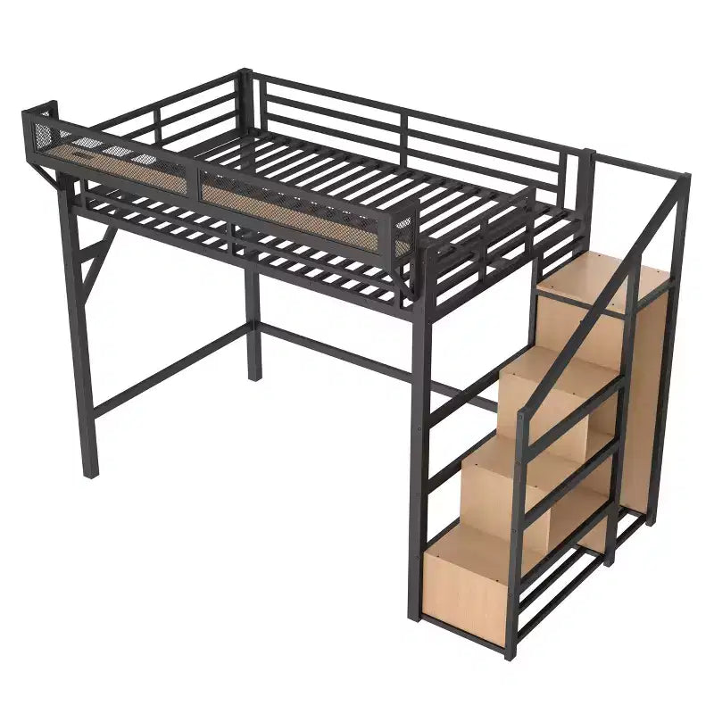 Bellemave Letto a soppalco matrimoniale completo con scala contenitore, armadio e scaffali integrati, struttura in metallo, porte USB, luci LED, design antirumore, legno naturale