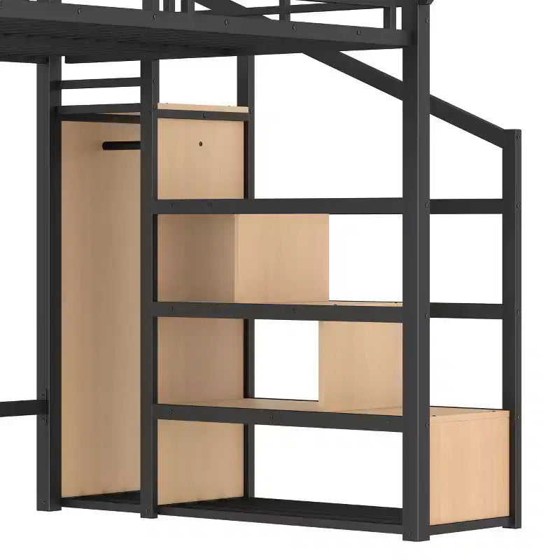 Bellemave Letto a soppalco matrimoniale completo con scala contenitore, armadio e scaffali integrati, struttura in metallo, porte USB, luci LED, design antirumore, legno naturale