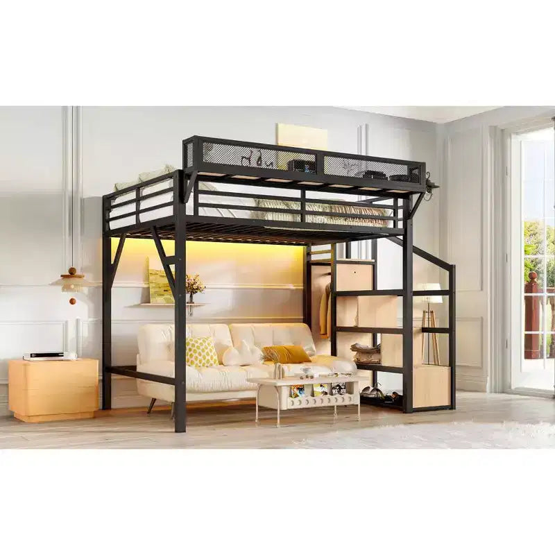 Bellemave Letto a soppalco matrimoniale completo con scala contenitore, armadio e scaffali integrati, struttura in metallo, porte USB, luci LED, design antirumore, legno naturale