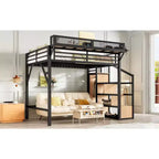 Bellemave Letto a soppalco matrimoniale completo con scala contenitore, armadio e scaffali integrati, struttura in metallo, porte USB, luci LED, design antirumore, legno naturale