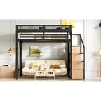 Bellemave Letto a soppalco matrimoniale completo con scala contenitore, armadio e scaffali integrati, struttura in metallo, porte USB, luci LED, design antirumore, legno naturale