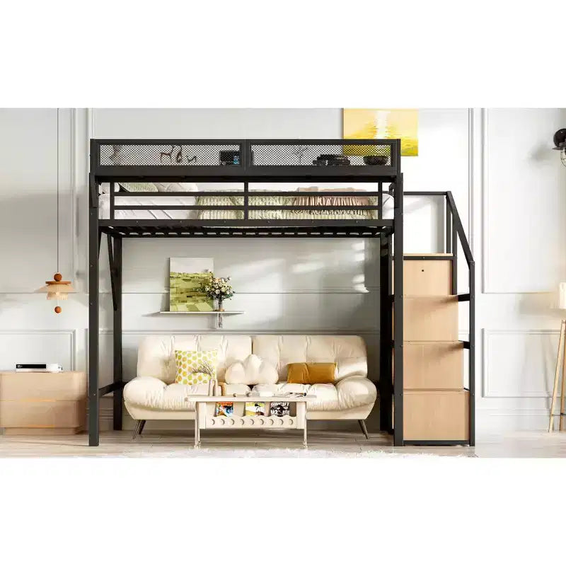 Bellemave Letto a soppalco matrimoniale completo con scala contenitore, armadio e scaffali integrati, struttura in metallo, porte USB, luci LED, design antirumore, legno naturale