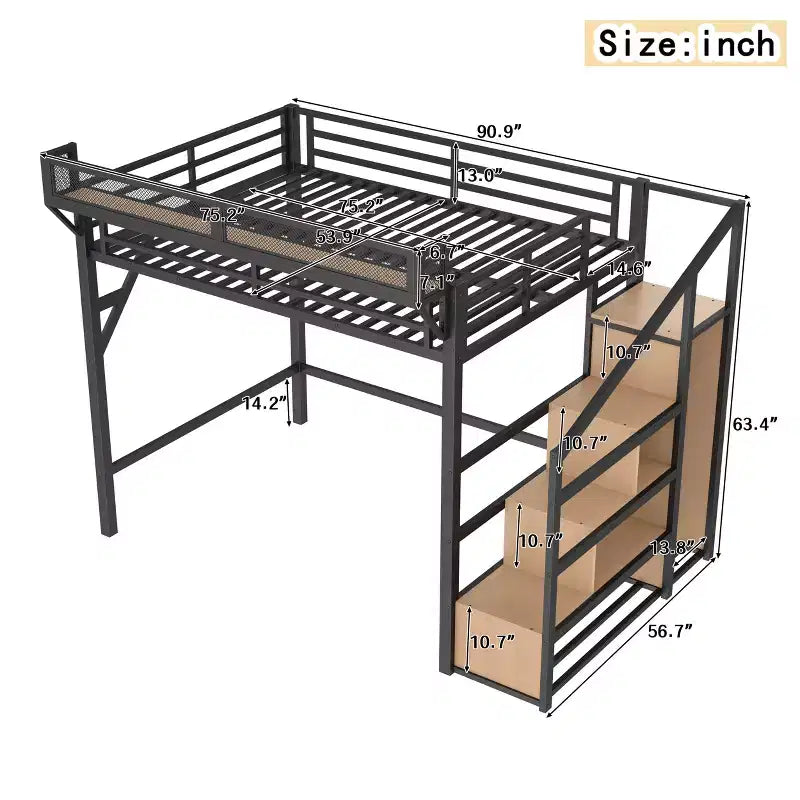 Bellemave Letto a soppalco matrimoniale completo con scala contenitore, armadio e scaffali integrati, struttura in metallo, porte USB, luci LED, design antirumore, legno naturale