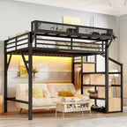 Bellemave Letto a soppalco matrimoniale completo con scala contenitore, armadio e scaffali integrati, struttura in metallo, porte USB, luci LED, design antirumore, legno naturale