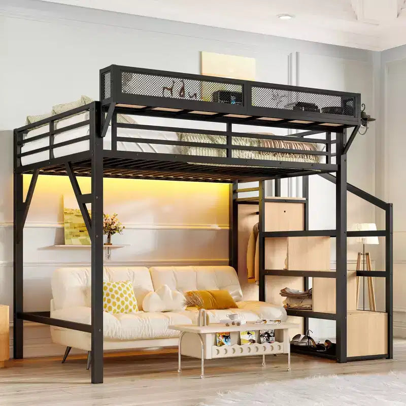 Bellemave Letto a soppalco matrimoniale completo con scala contenitore, armadio e scaffali integrati, struttura in metallo, porte USB, luci LED, design antirumore, legno naturale
