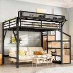 Bellemave Letto a soppalco matrimoniale completo con scala contenitore, armadio e scaffali integrati, struttura in metallo, porte USB, luci LED, design antirumore, legno naturale