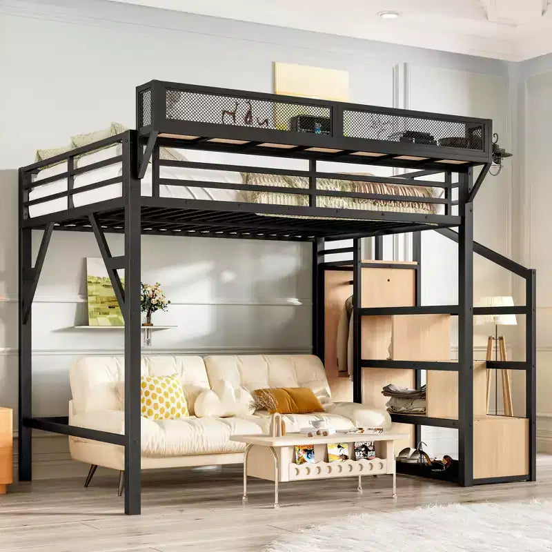 Bellemave Letto a soppalco matrimoniale completo con scala contenitore, armadio e scaffali integrati, struttura in metallo, porte USB, luci LED, design antirumore, legno naturale