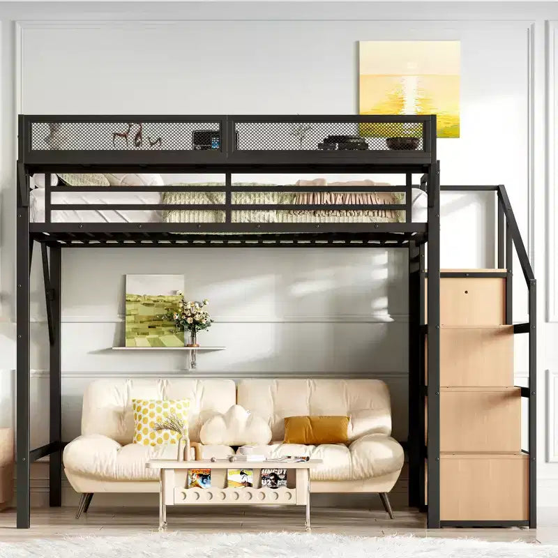 Bellemave Letto a soppalco matrimoniale completo con scala contenitore, armadio e scaffali integrati, struttura in metallo, porte USB, luci LED, design antirumore, legno naturale