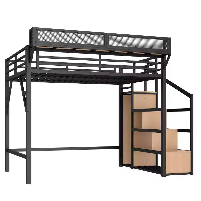 Bellemave Letto a soppalco matrimoniale completo con scala contenitore, armadio e scaffali integrati, struttura in metallo, porte USB, luci LED, design antirumore, legno naturale
