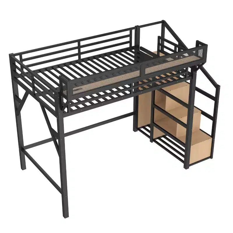 Bellemave Letto a soppalco matrimoniale completo con scala contenitore, armadio e scaffali integrati, struttura in metallo, porte USB, luci LED, design antirumore, legno naturale
